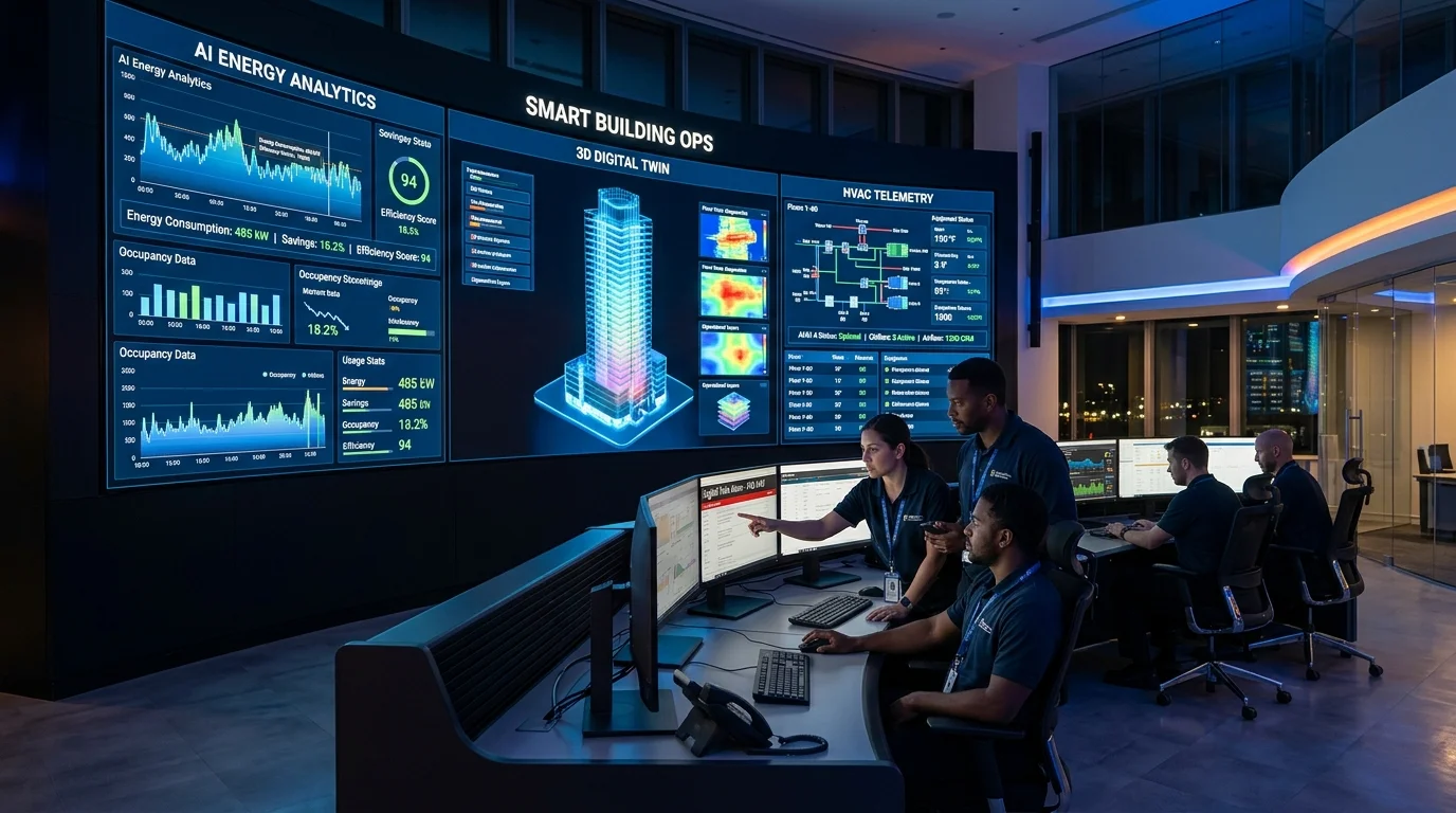Modern commercial building operations control center with wall displays showing AI energy management analytics and 3D digital twin