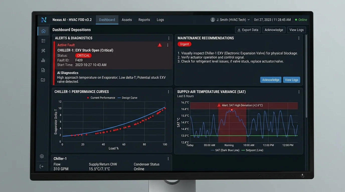 AI HVAC fault detection and diagnostics software interface screen showing stuck valve alert and temperature curves