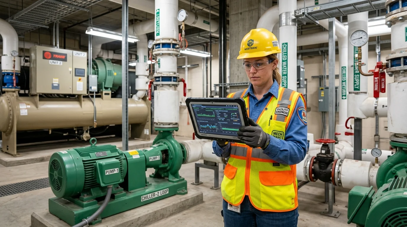Facility engineer in safety gear holding a tablet showing predictive maintenance telemetry in a chiller plant room