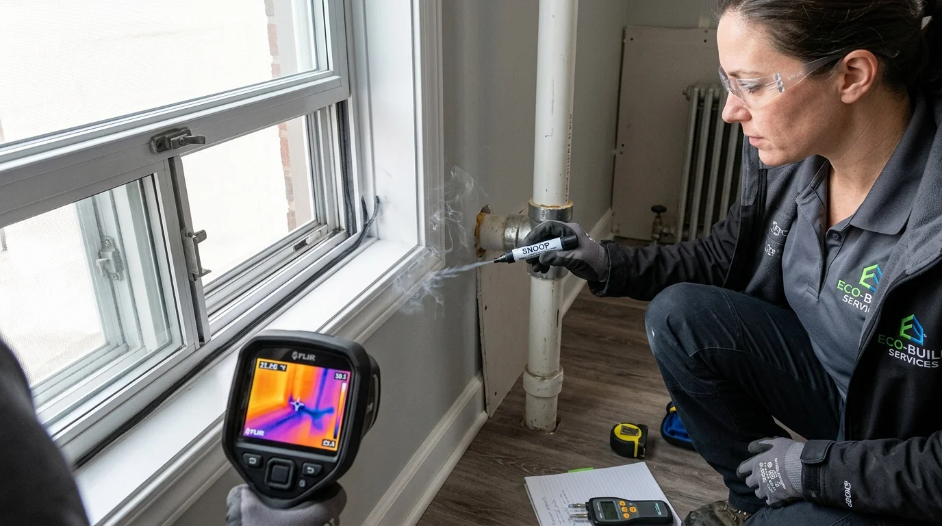 Energy Specialist Inspecting Window Frame and Pipe Chases with Smoke Pen and Thermal Camera