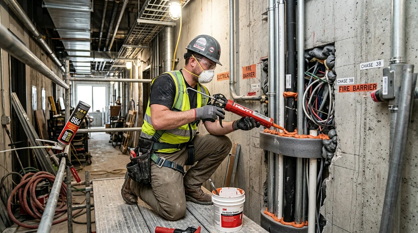 Insulation Contractor Sealing Vertical Chases and Penetrations with Fire Barrier Sealant