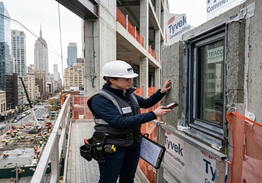 Architect inspecting building envelope insulation and window assemblies for energy compliance
