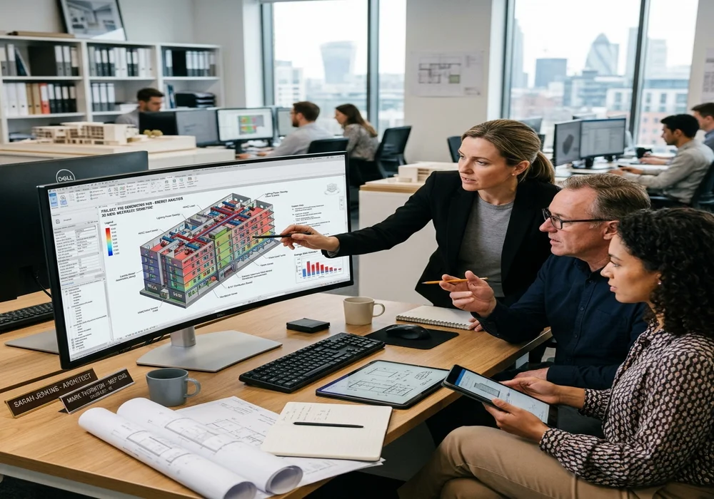 Architect collaborating with mechanical and electrical engineering team on energy documentation