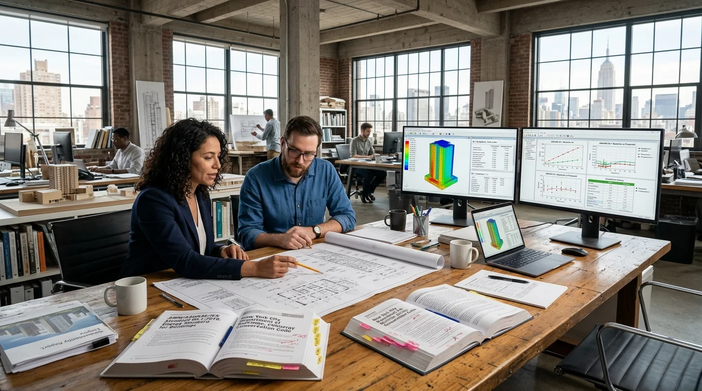 Architects and energy modeling engineers reviewing ASHRAE 90.1 and NYC Energy Conservation Code drawings