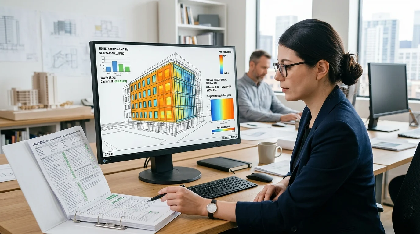 Fenestration and curtain wall energy analysis on architectural computer monitor