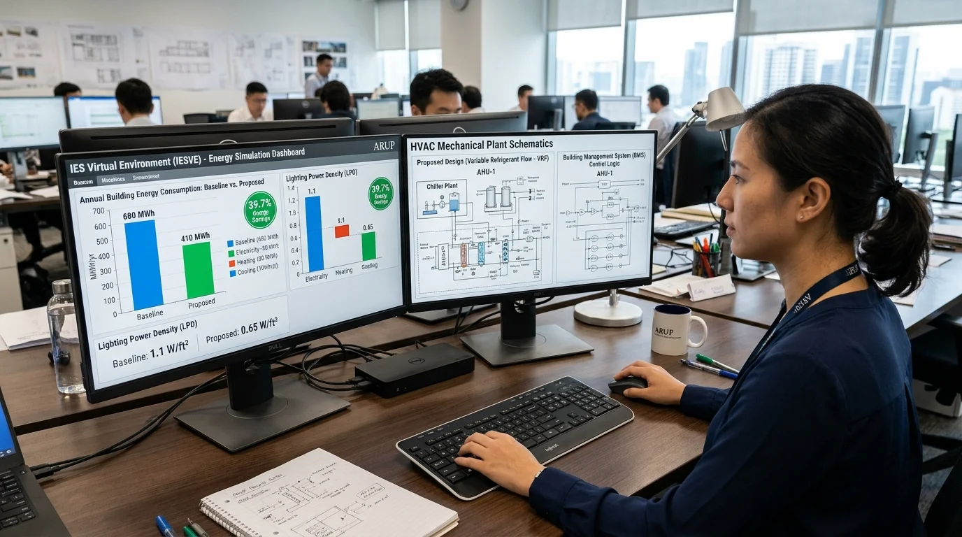 Energy modeling software dashboard comparing baseline vs proposed building energy consumption