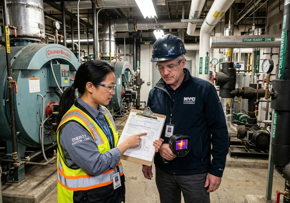 Energy Auditor and Property Manager in Commercial Mechanical Boiler Room Reviewing ASHRAE Level 2 Audit