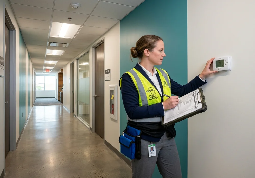Building Energy Auditor Conducting an Initial ASHRAE Level 1 Walkthrough Survey in Commercial NYC Office