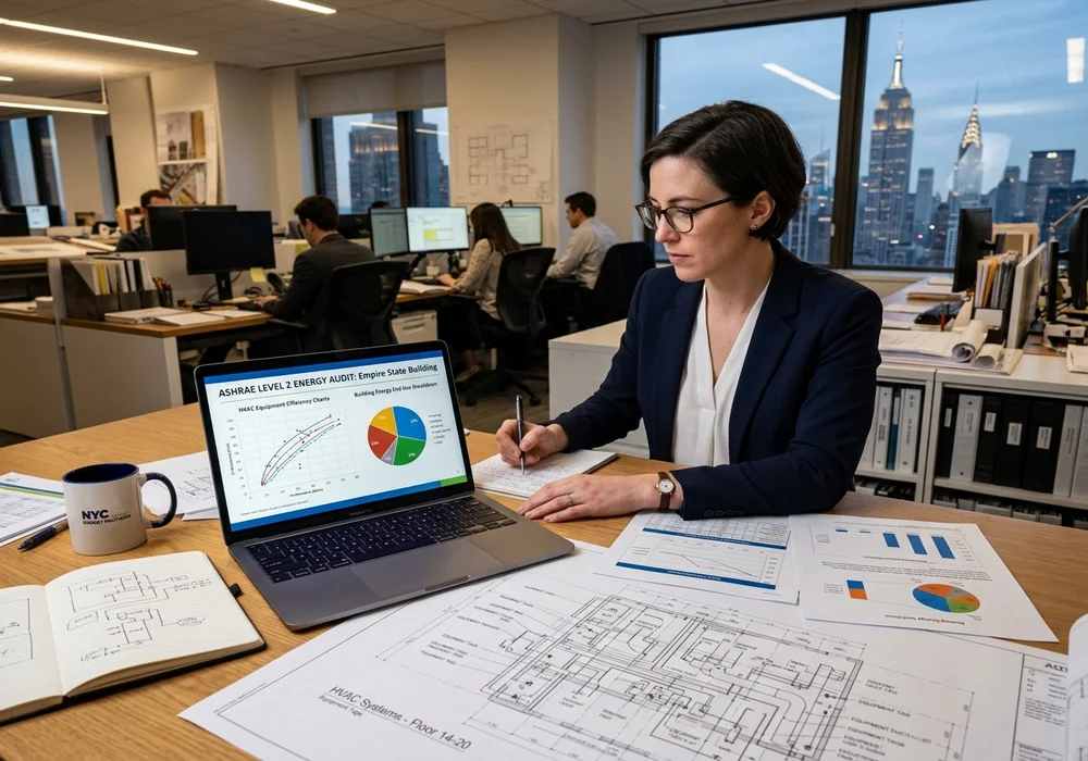 Energy Engineering Consultant in NYC Office Analyzing ASHRAE Level 2 Energy Audit Report and Mechanical Blueprints