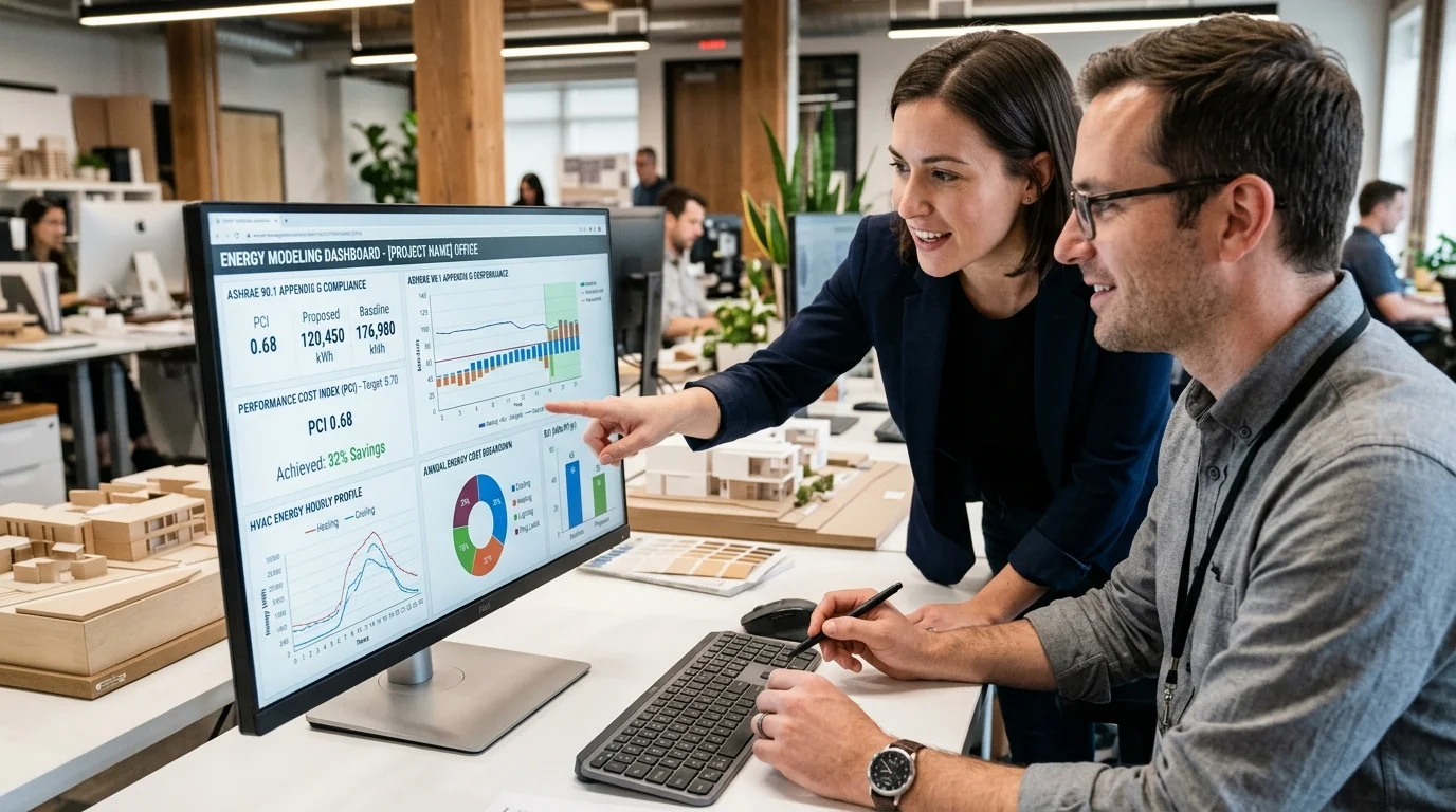 Energy Engineers Reviewing ASHRAE 90.1 Appendix G Modeling Dashboard and Performance Cost Index