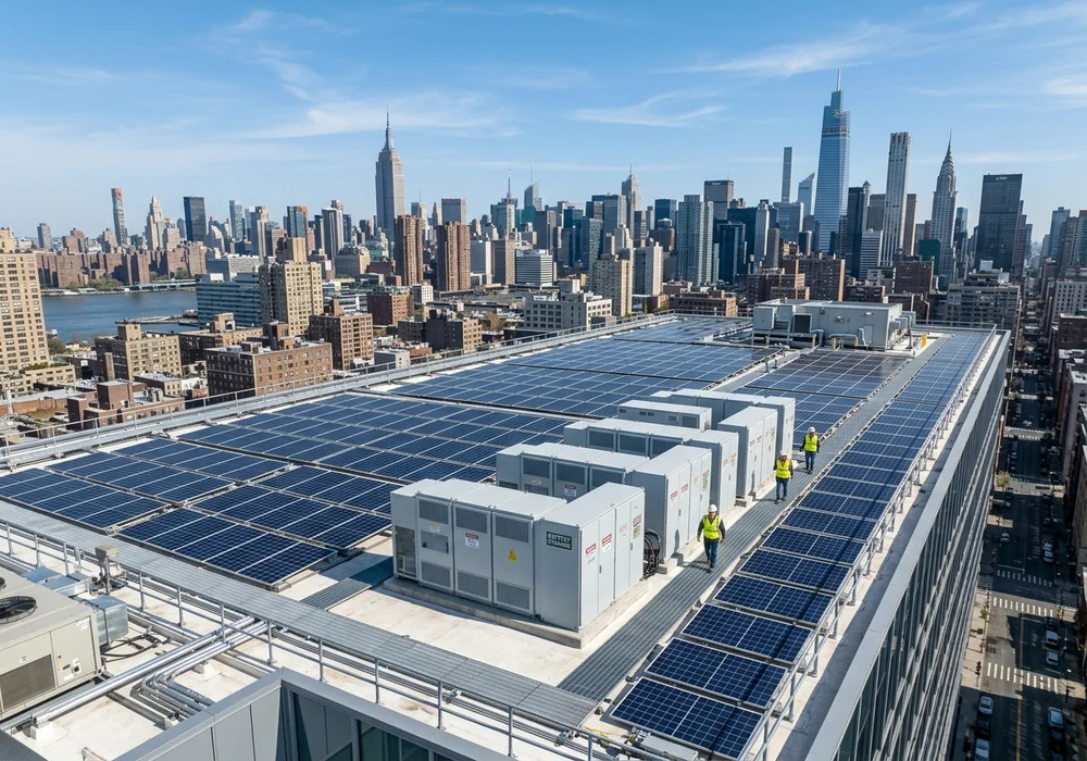 Commercial Rooftop Solar and Battery Storage Setup in New York City