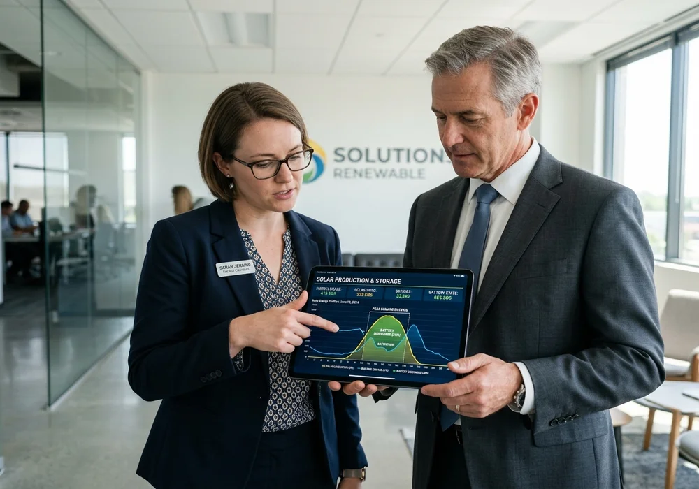 Energy Engineer and Building Owner Reviewing Solar Load Profile Analysis