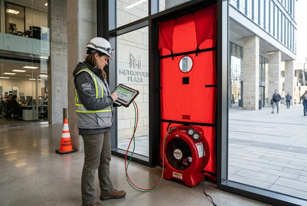 Blower Door Test Assembly with Calibrated Fan and Digital Pressure Gauges in Commercial Building