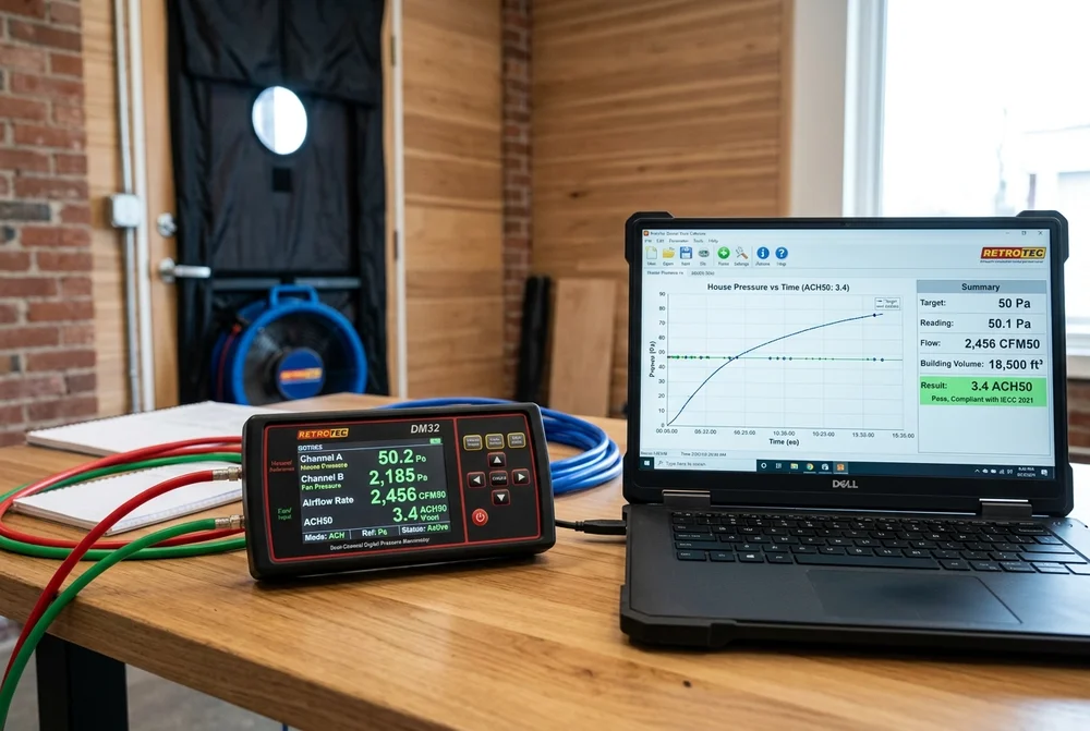 Digital Pressure Manometer and Software Analytics Displaying Blower Door CFM50 and ACH50 Test Results