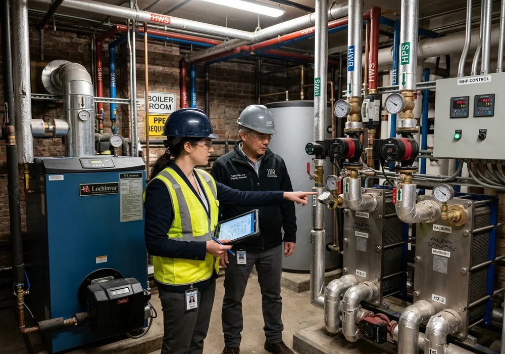 MEP Mechanical Engineer and Facility Director Inspecting Dual-Setup Boiler Room with Commercial Boiler and Hydronic Heat Exchangers