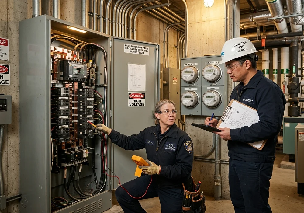Licensed Master Electrician and Engineer Inspecting Commercial Electrical Switchgear Panel and Smart Power Meters in NYC Basement