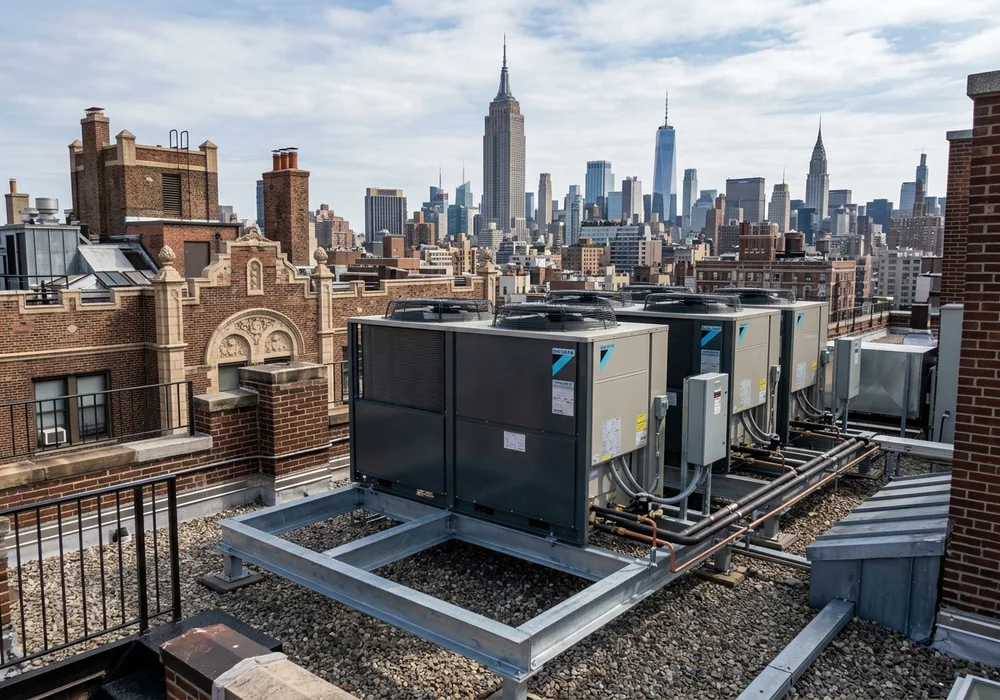 Modern VRF Cold-Climate Heat Pump Outdoor Condenser Units Installed on NYC Pre-War Building Rooftop with Steel Dunnage