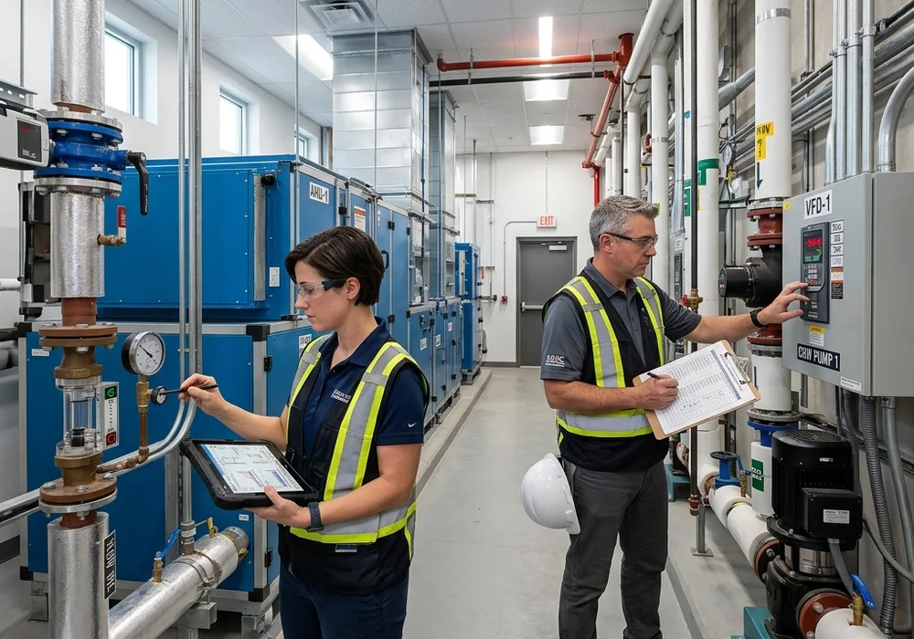 Professional engineers conducting building commissioning test on commercial HVAC and mechanical systems