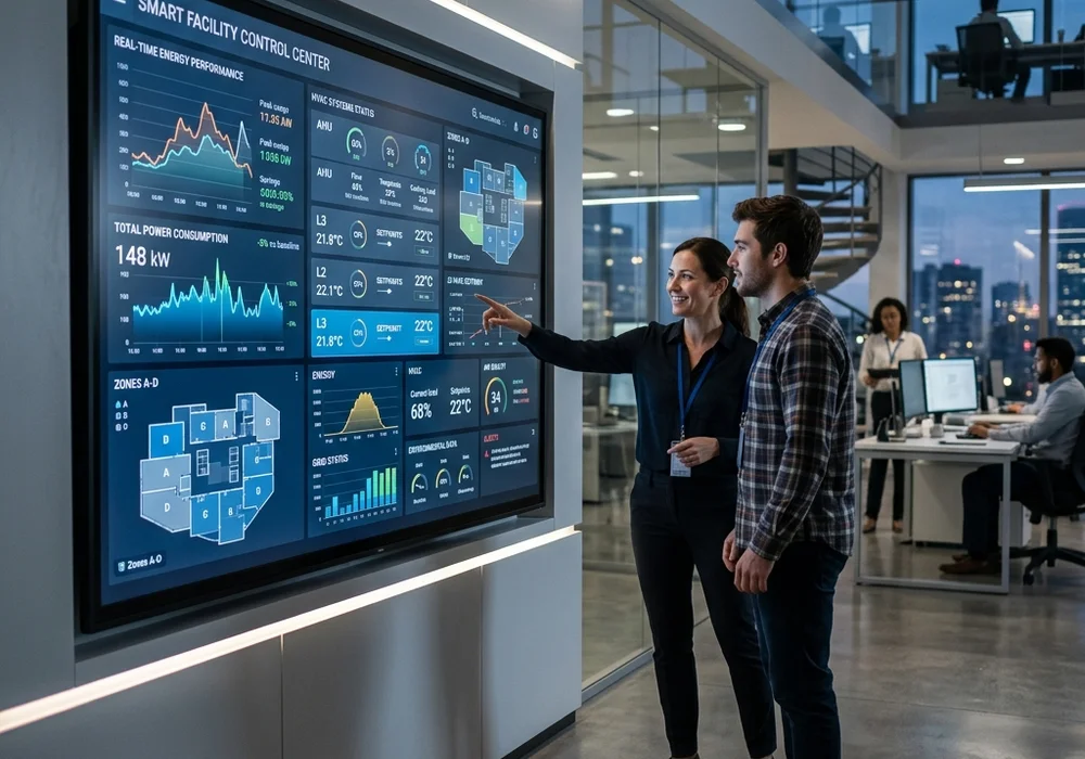High tech building management system control panel displaying real-time energy performance metrics