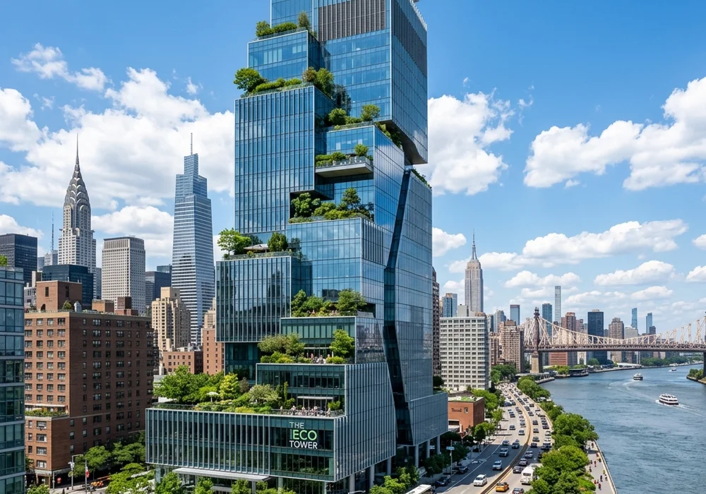 Modern sustainable glass high rise building in New York City with energy efficient facade and optimized ventilation