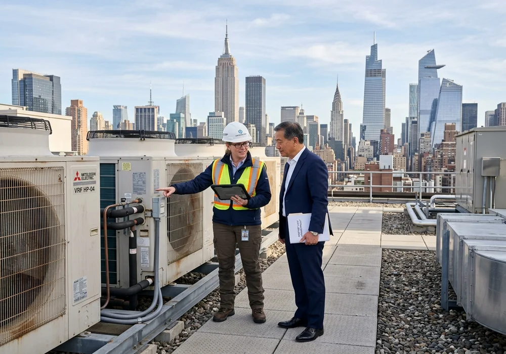 MEP Consulting Engineer and NYC Commercial Property Owner Inspecting Rooftop Commercial Air-Source Heat Pump VRF Units