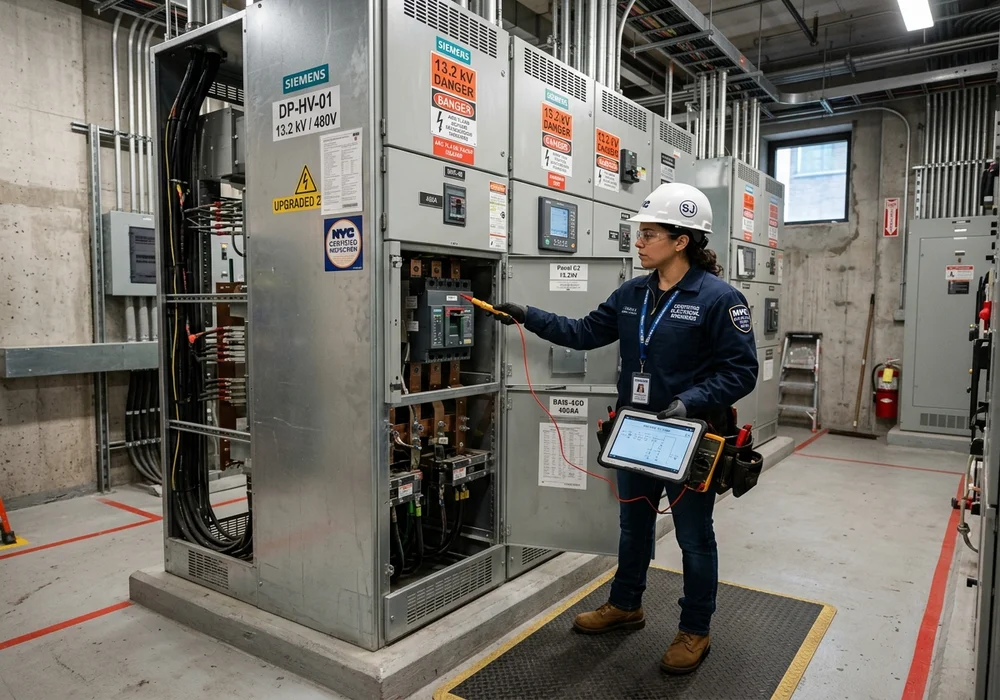 Certified Electrical Engineer Inspecting Upgraded Commercial Switchgear Distribution Panel in NYC Electrical Room