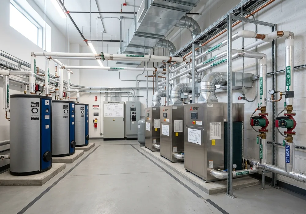 Commercial Mechanical Room with Heat Pump Water Heaters, Insulated Storage Tanks, and Circulation Piping