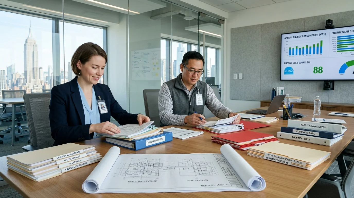 Facility Manager and Commercial Energy Auditor Reviewing MEP Blueprints and Utility Folders in NYC Conference Room