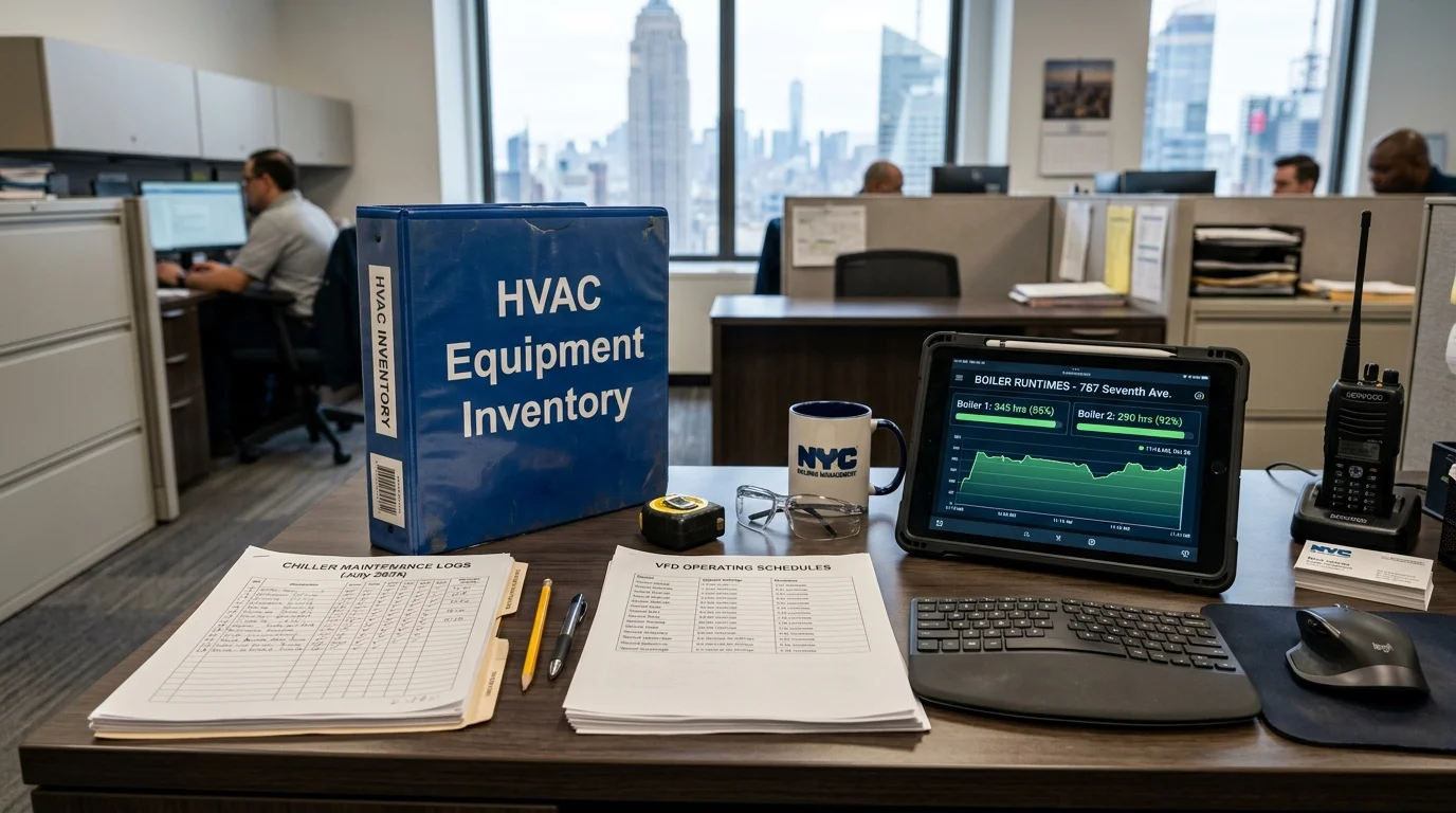 HVAC Equipment Inventory Binder, Chiller Maintenance Logs, and VFD Schedules on Facility Manager Desk in NYC