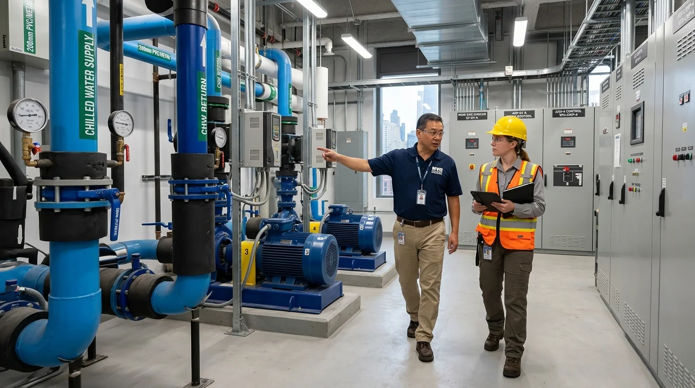 Facility Manager Guiding Energy Auditor Through Commercial Mechanical Plant Room with Chilled Water Supply Pipes and Control Panels
