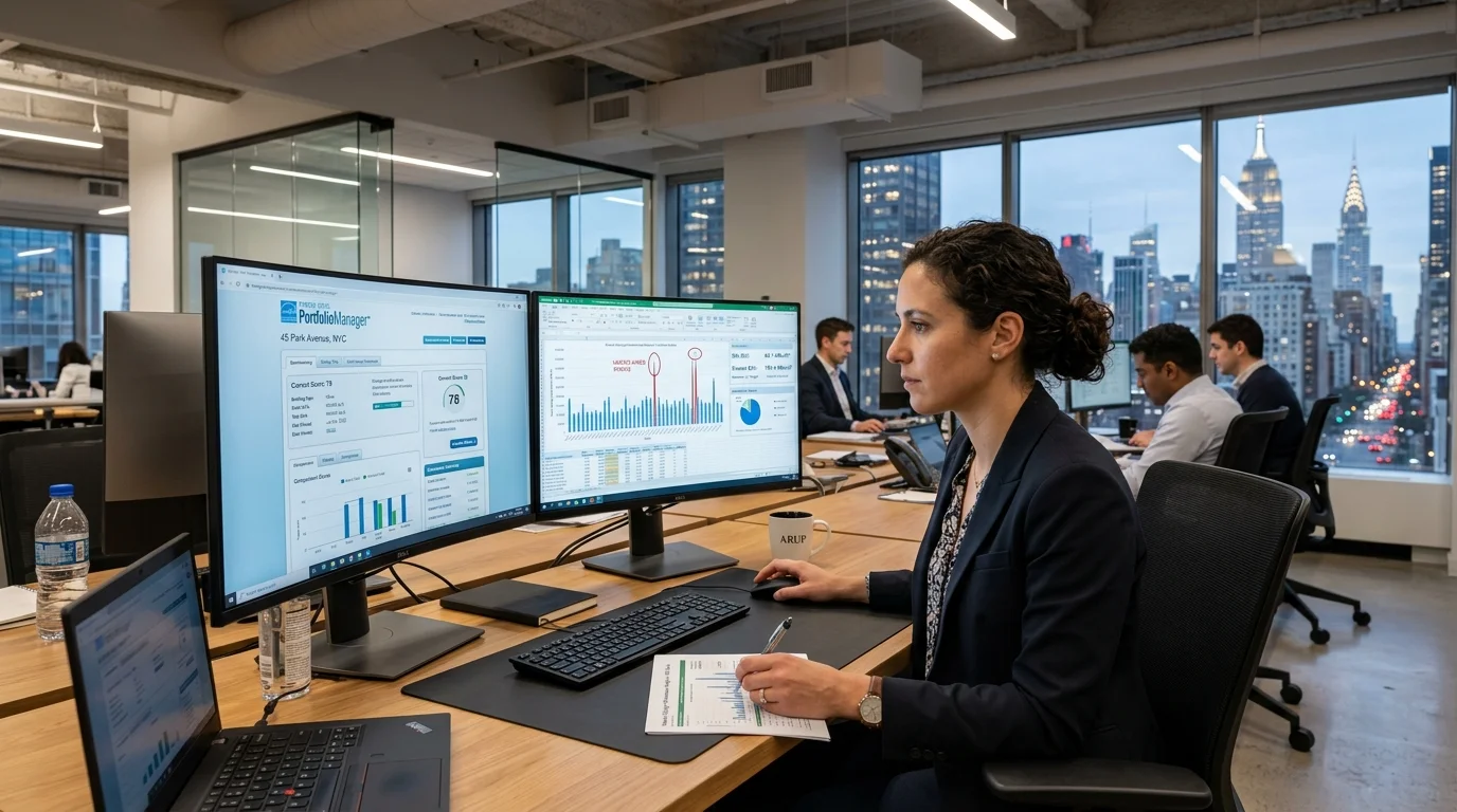 Energy Analyst Reviewing ENERGY STAR Portfolio Manager Benchmarking Data and Utility Spikes at Dual Monitor Workstation in NYC