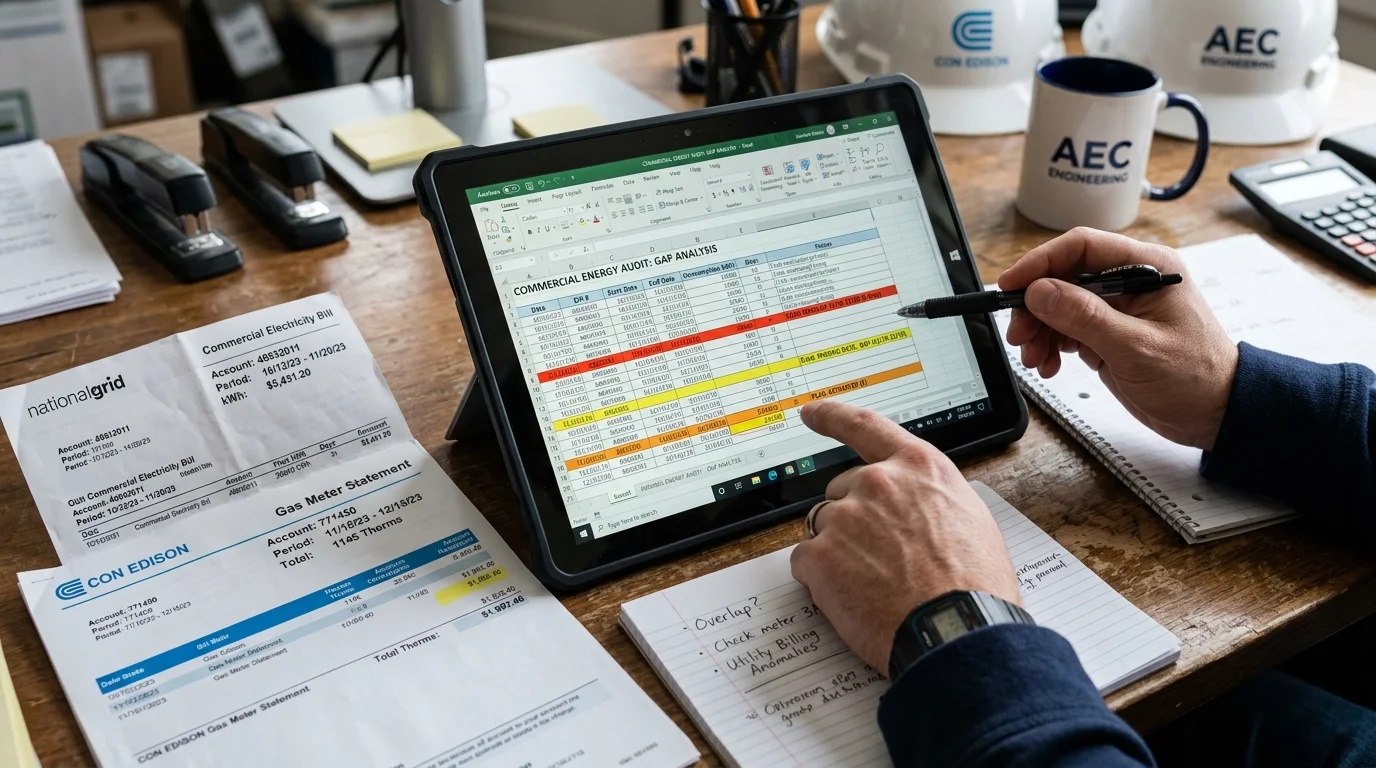 Commercial Energy Audit Gap Analysis Spreadsheet with Utility Bills and Gas Meter Statements on Engineer Desk