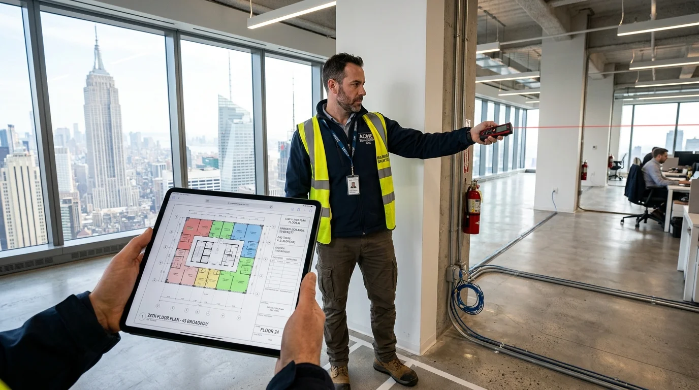 Building Surveyor Measuring Gross Floor Area with Laser Measurer and Reviewing CAD Floor Plans on Tablet in NYC Commercial Office