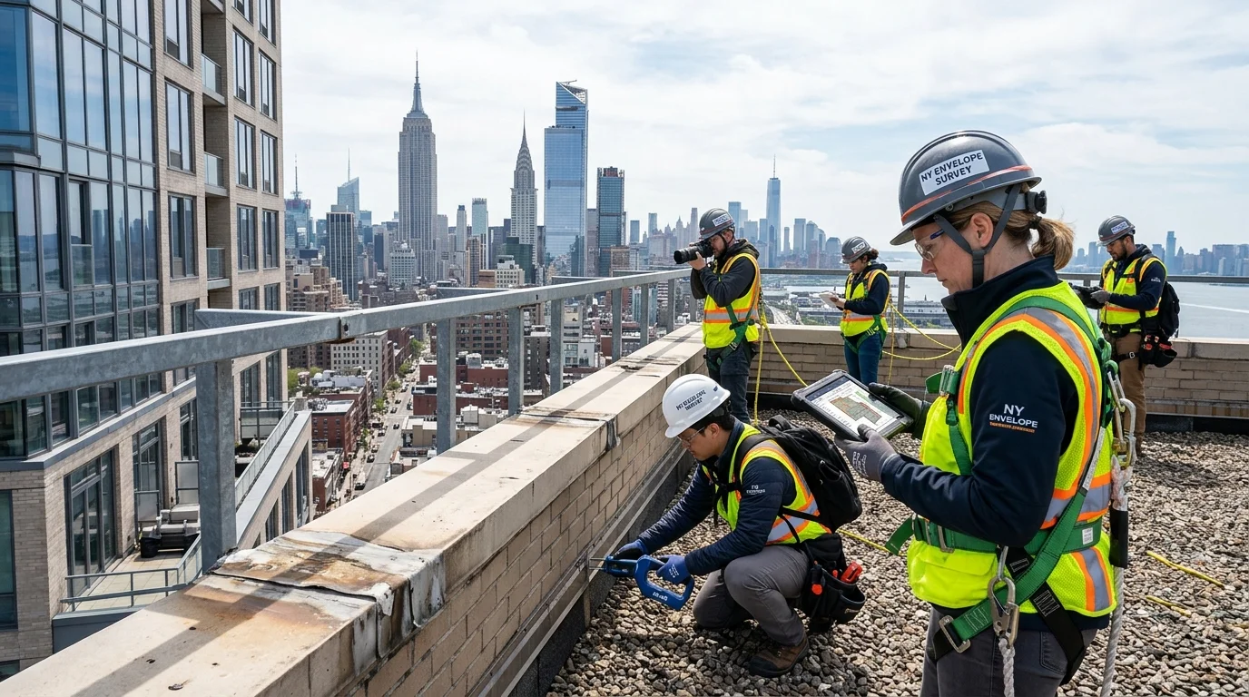 Professional Building Envelope Survey Team Inspecting Commercial High-Rise Roof Edge in NYC