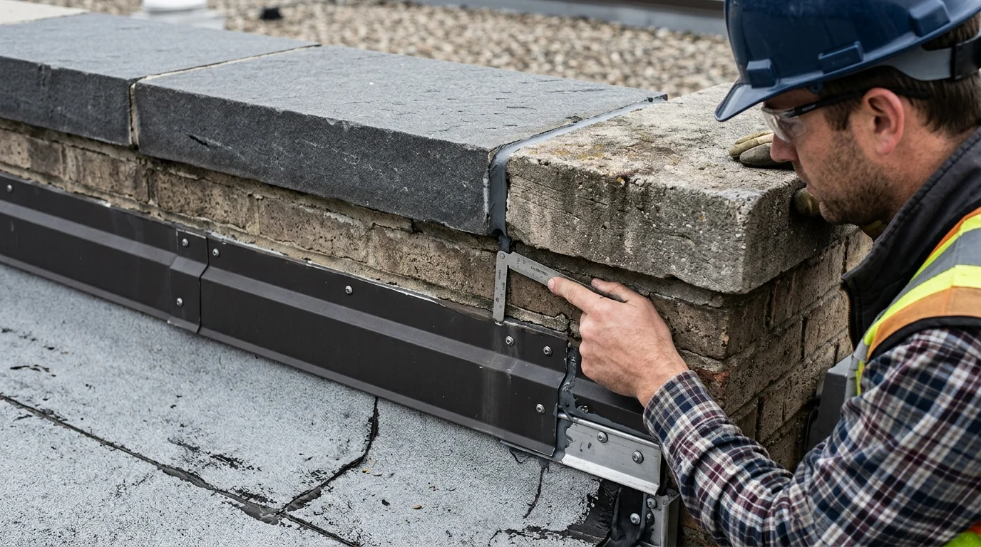 Inspector Evaluating Roof Parapet Flashing, Coping Stone Joint, and Sealant Termination