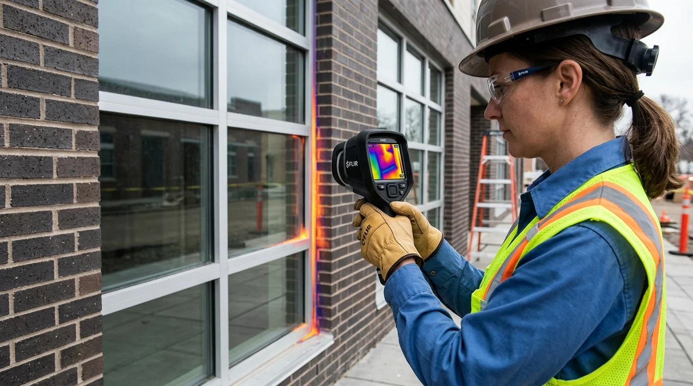 Building Performance Engineer Using Infrared Thermography Camera to Detect Air Leakage and Thermal Bridges