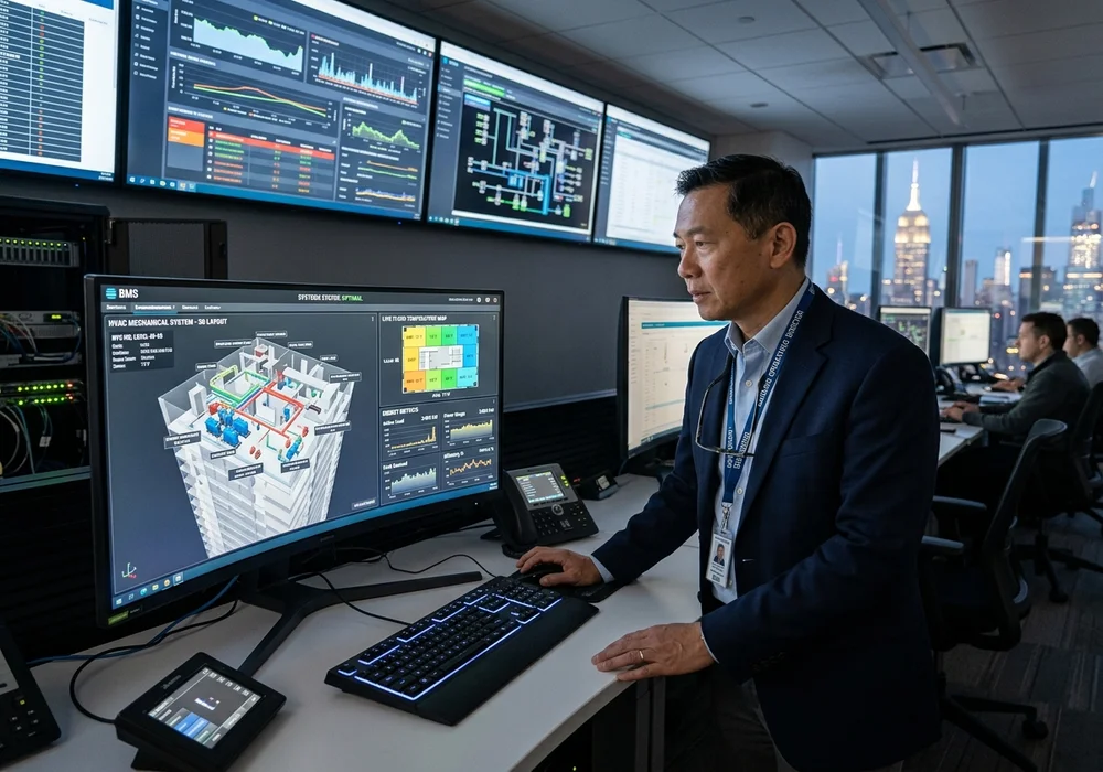 Building Operations Director in Commercial High-Rise Control Room Monitoring Central Building Management System