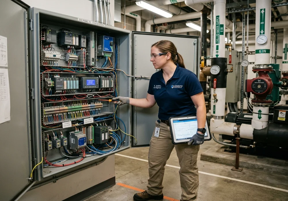 Building Automation Engineer Inspecting Open BACnet Direct Digital Controller Panel in Commercial Boiler Room