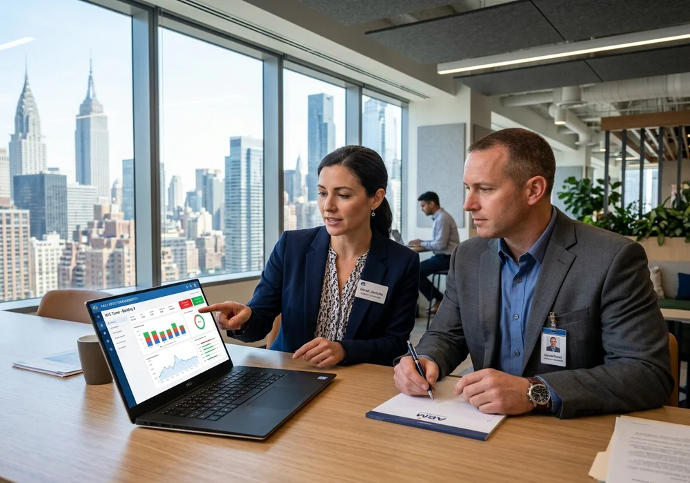 Energy Engineer and Property Manager Analyzing Fault Detection and Diagnostics Cloud Software on Laptop