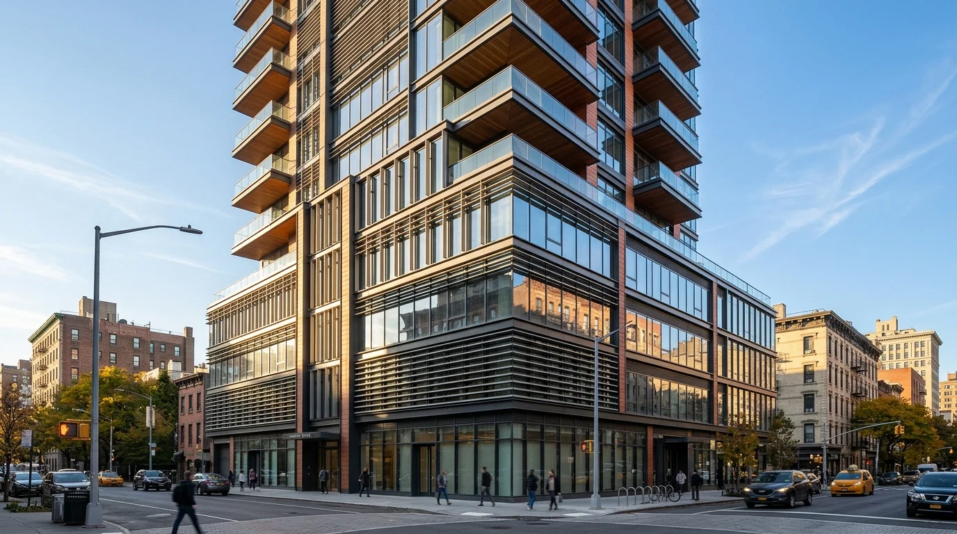 Modern Architectural Building Facade with Passive Solar Orientation and Shading Elements in NYC