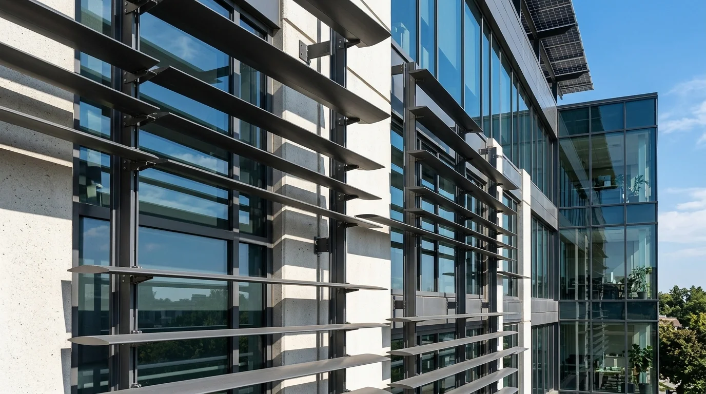 Exterior Aluminum Shading Louvers on South-Facing Commercial Building Facade