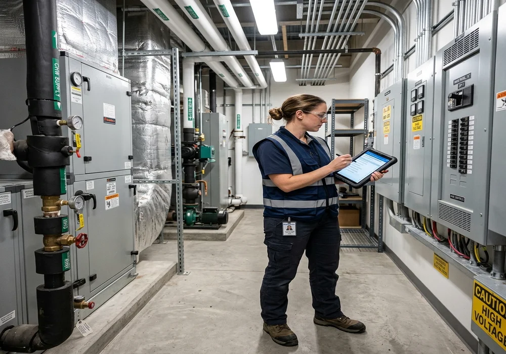 Professional engineers inspecting building mechanical and electrical systems