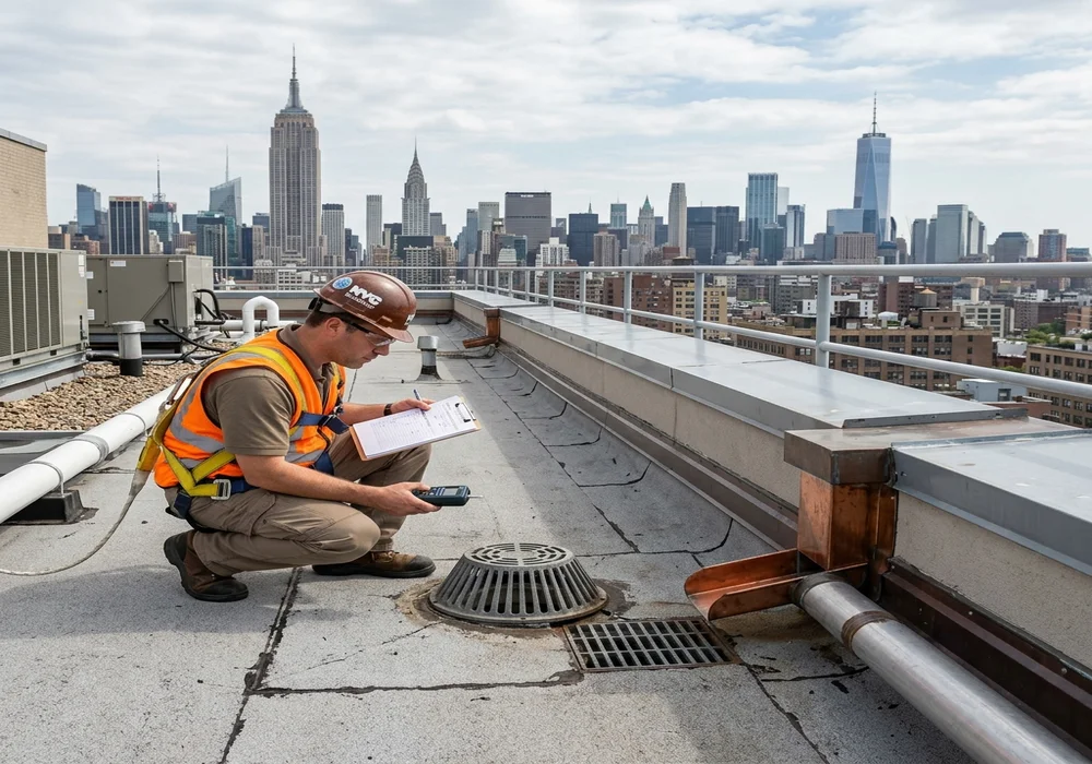 Building inspector evaluating rooftop membrane and exterior drainage system
