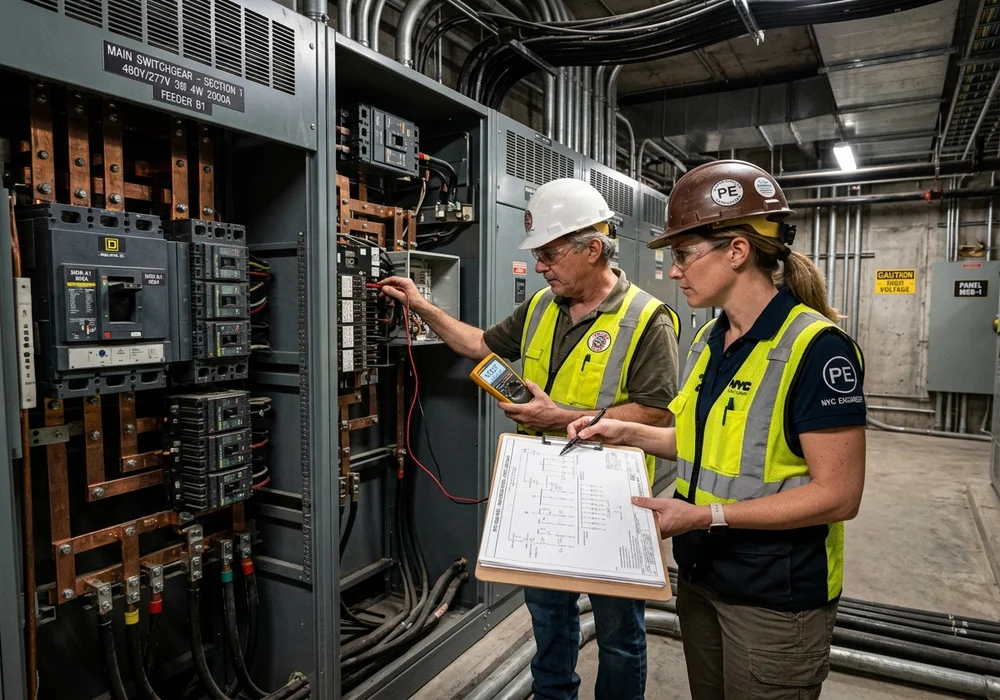 Licensed Electrical Engineer and Master Electrician Inspecting Commercial Switchgear and Electrical Service Panel in NYC Building