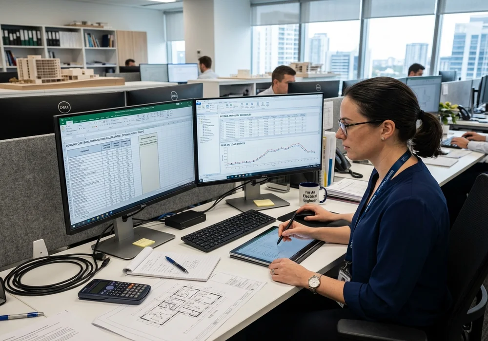 Electrical Engineer Calculating Building Demand Schedules, Feeder Ampacity, and Peak Load Curves on Dual Monitors