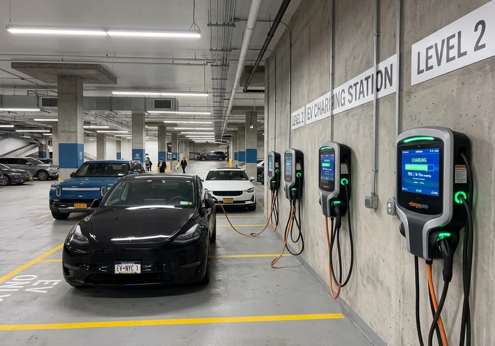 Commercial Level 2 Smart EV Charging Stations with Dynamic Load Management Display in NYC Parking Garage