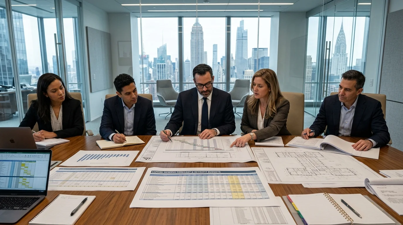 Commercial Building Executives Reviewing Capital Reserve Plans and Retrofit Schedules in NYC
