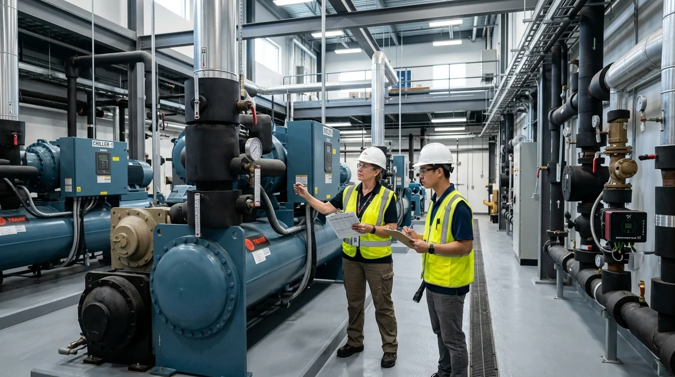 Engineers Inspecting Central Chiller Plant for 10-Year Capital Reserve Life-Cycle Planning