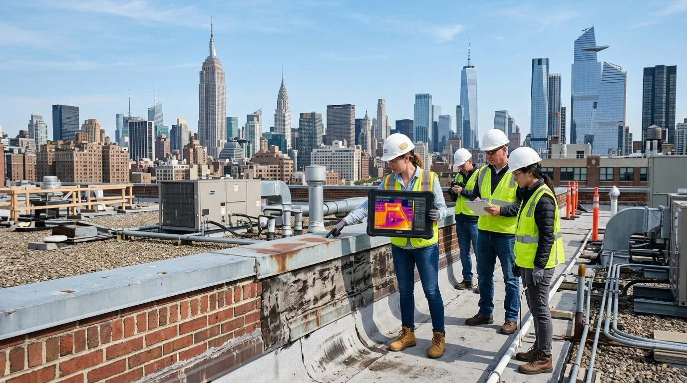 Building Engineers Conducting Rooftop Envelope and Membrane Thermal Assessment for Capital Reserve