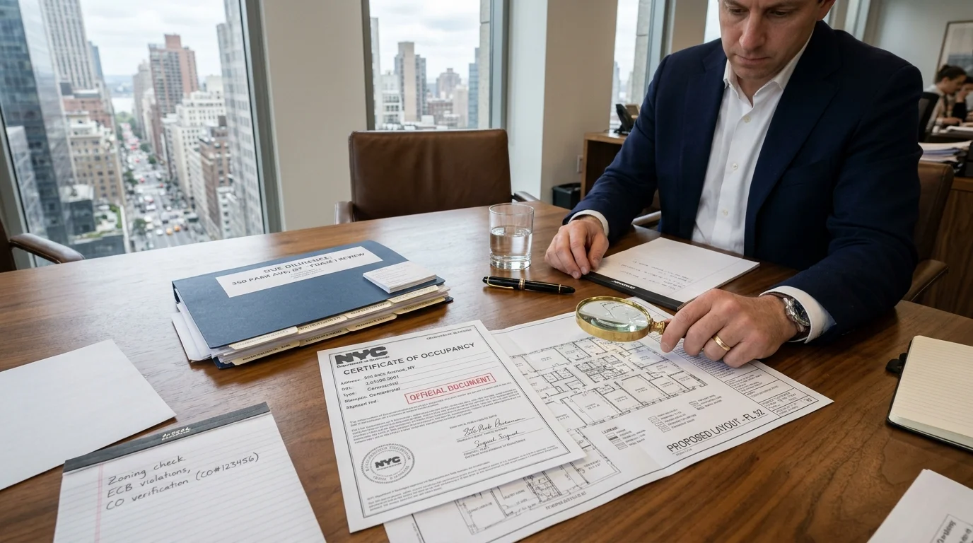 Real estate due diligence in NYC: Reviewing official Certificate of Occupancy documents and architectural plans on an executive desk overlooking Manhattan